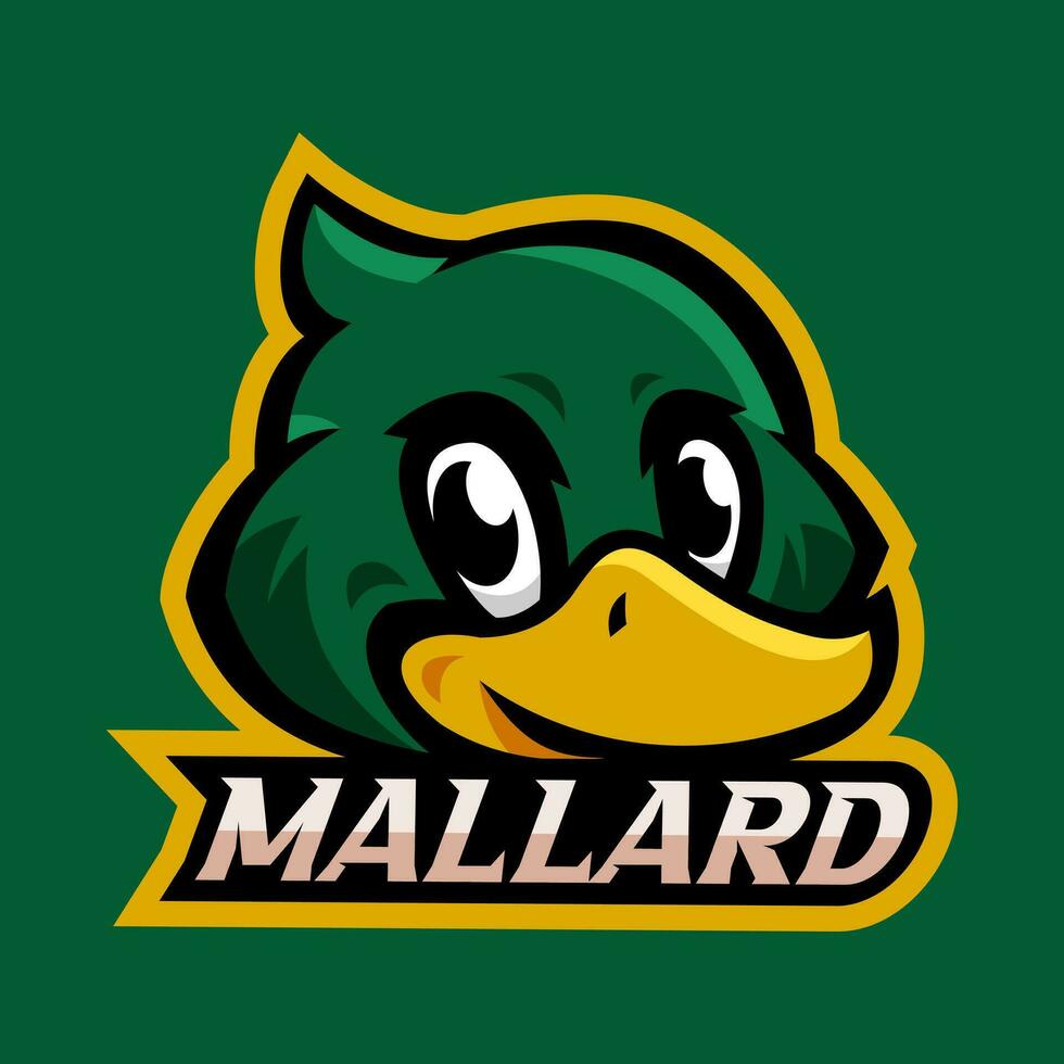 happy mallard duck head in mascot cartoon style with text. flat vector illustration.