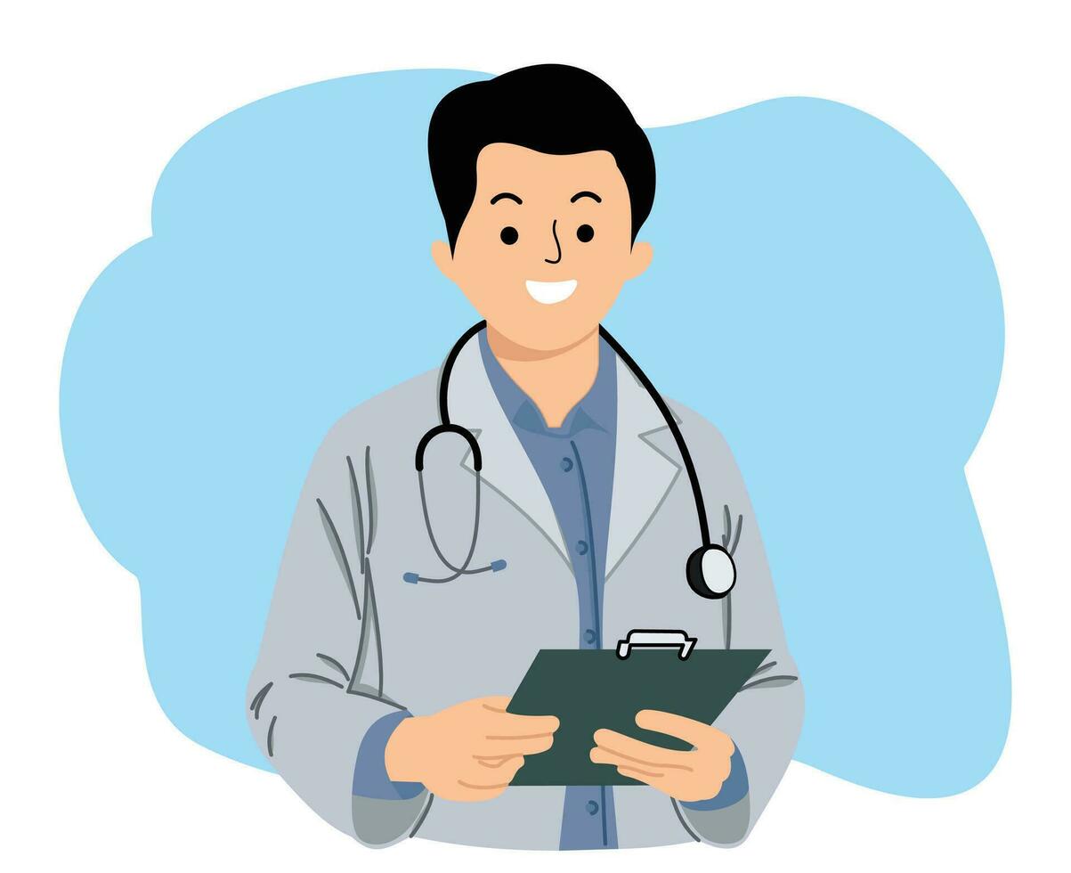 retrato de masculino médico en pie en hospital habitación o médico vistiendo prístino blanco abrigo, participación sencillo herramienta papel acortar vector