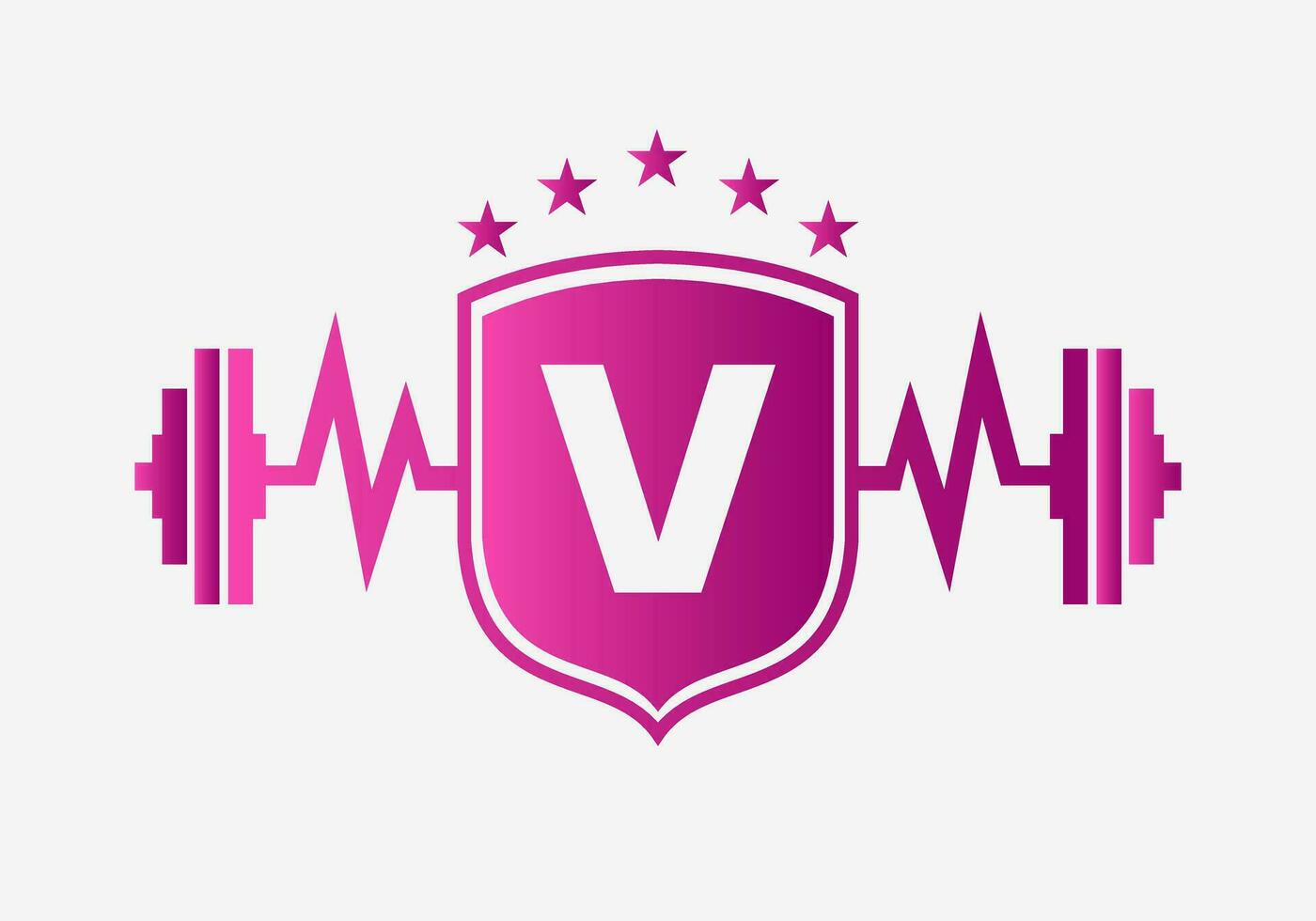 Letter V Gym Fitness Logo Design Concept With Barbell Shield and Start Icon. Bodybuild Gym Symbol vector