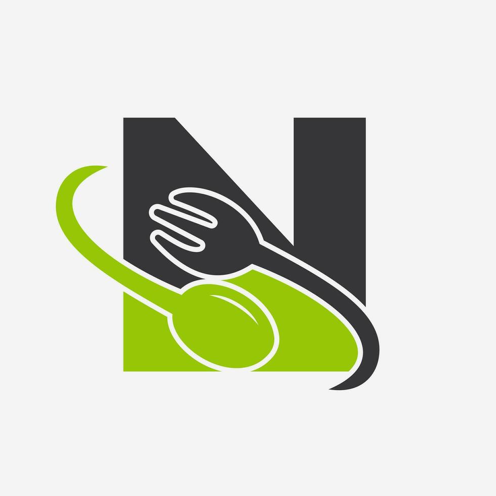 Letter N Restaurant Logo Combined with Fork and Spoon Icon vector