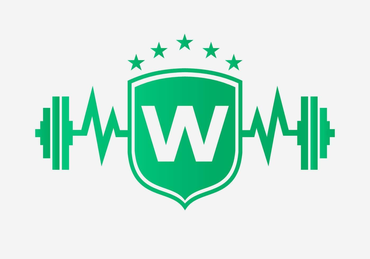 Letter W Gym Fitness Logo Design Concept With Barbell Shield and Start Icon. Bodybuild Gym Symbol vector