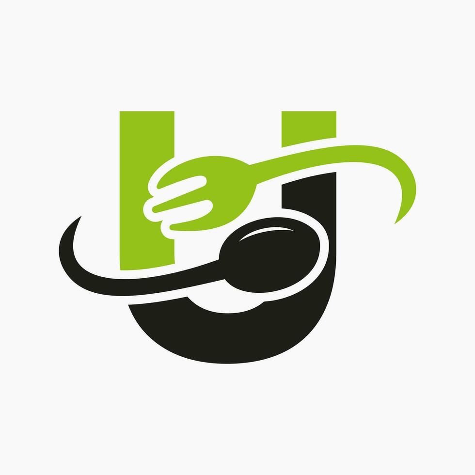 Letter U Restaurant Logo Combined with Fork and Spoon Icon vector