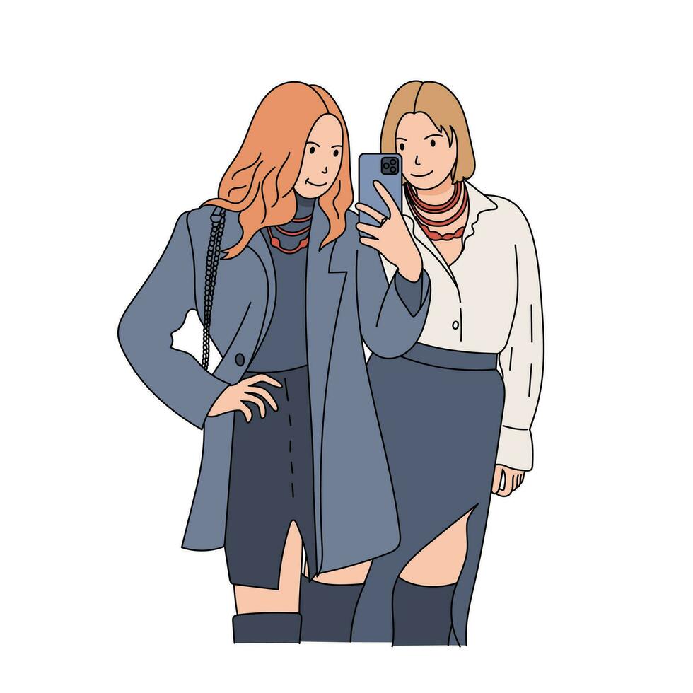 Girls makes selfie in the mirror. Friends or sisters. Women taking picture photo of herself on smartphone. Fashion, Social media concept. Flat outline style. Vector illustration