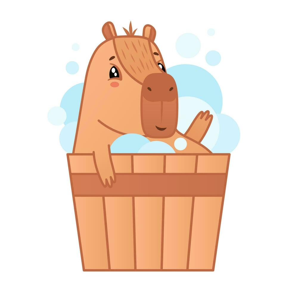 Cute capybara character bathing in bath with foam. Cartoon animal sticker. Vector illustration on white background
