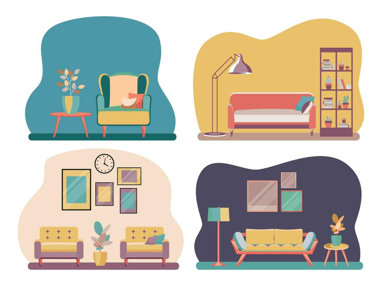 Set Interior of the living room with furniture. Flat cartoon style. Vector illustration