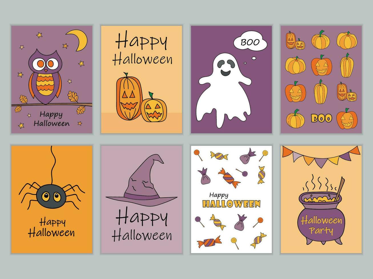 Halloween greeting Cards and Posters set in Doodle style. Vector illustration