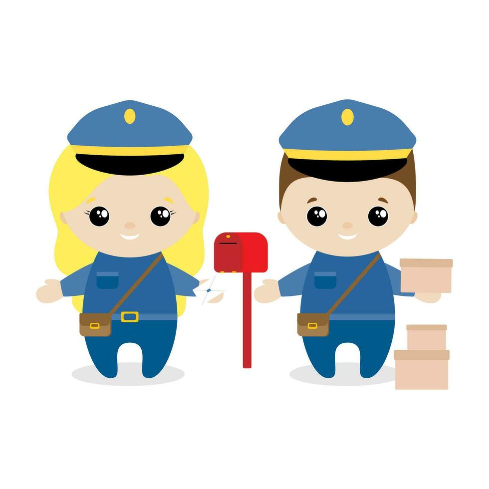 Boy and girl postman cartoon style. Set of cute cartoon children in professions. Vector illustration