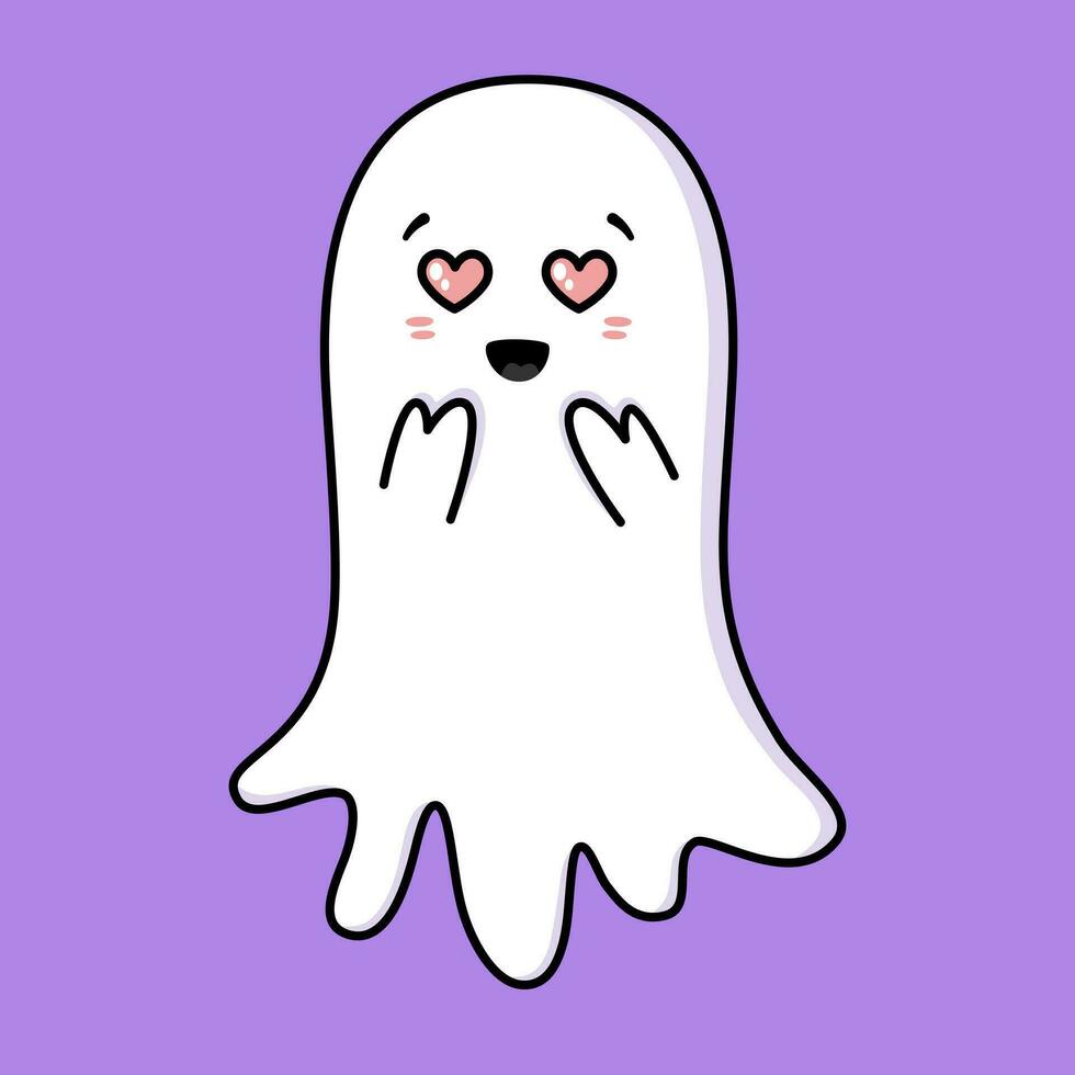 Cute ghost. Halloween ghost character with heart eyes. Spooky expression creature. Sticker emoticon with in love, infatuation, adoration emotion. Vector illustration