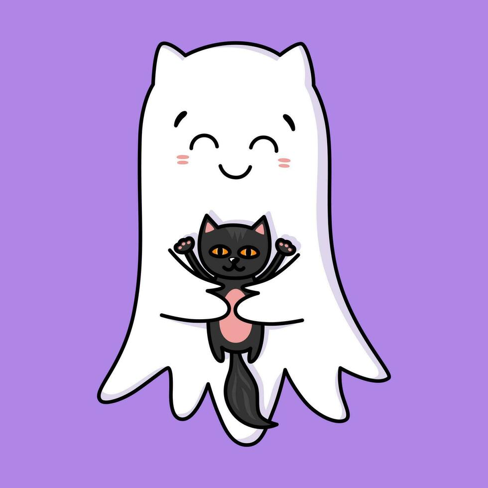 Cute ghost. Halloween ghost character hugs black cat. Spooky expression creature. Sticker emoticon with hugging emotion. Vector illustration