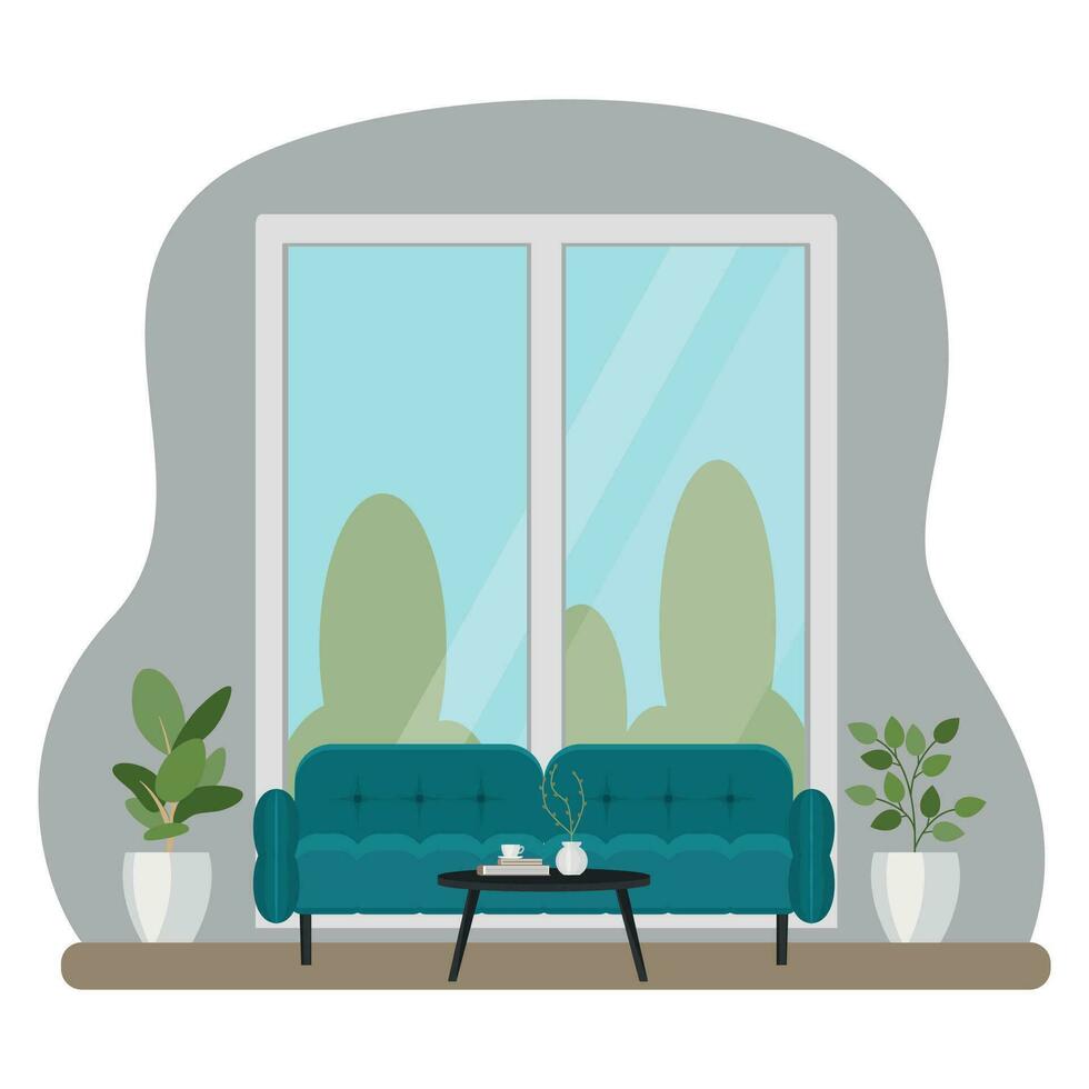 Interior of the living room with furniture. Flat cartoon style. Vector illustration