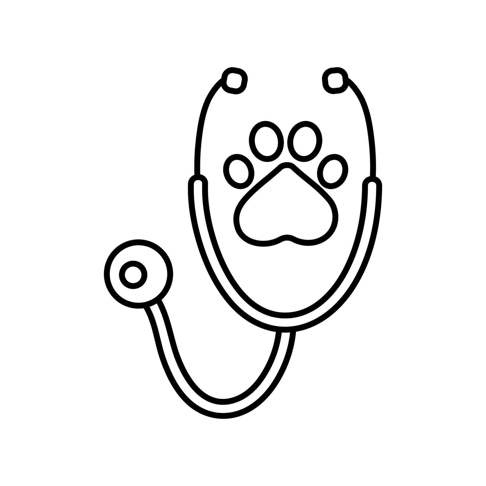 Stethoscope with animal paw print symbol. Veterinary medicine logo, isolated vector illustration
