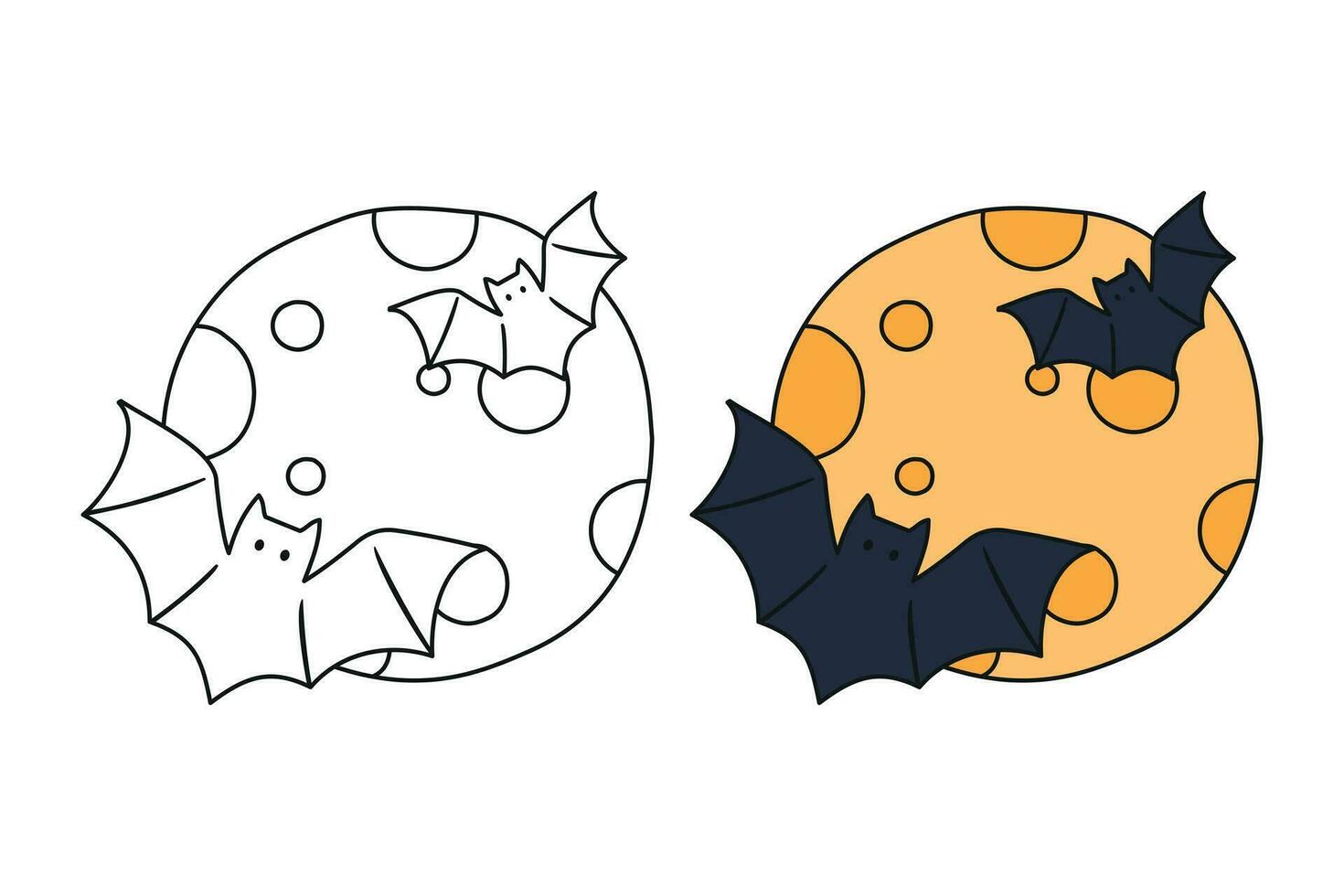 linda dibujos animados amarillo Luna con murciélagos colorante libro para niños. vector