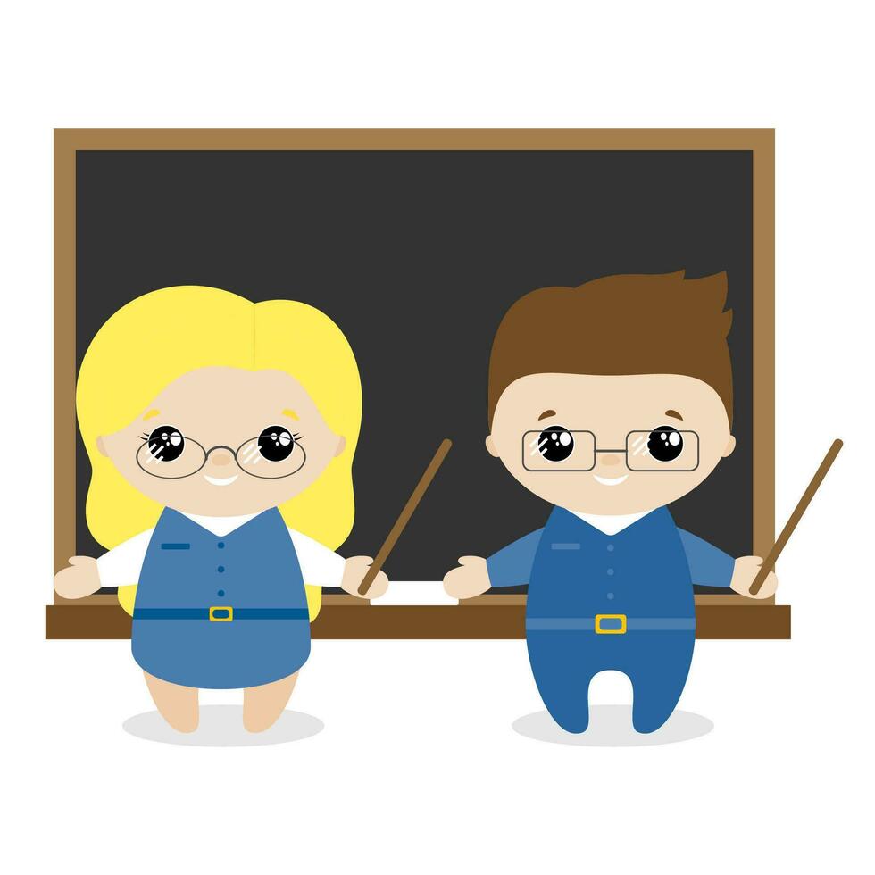 chico y niña el profesor dibujos animados estilo. conjunto de linda dibujos animados niños en profesiones vector ilustración