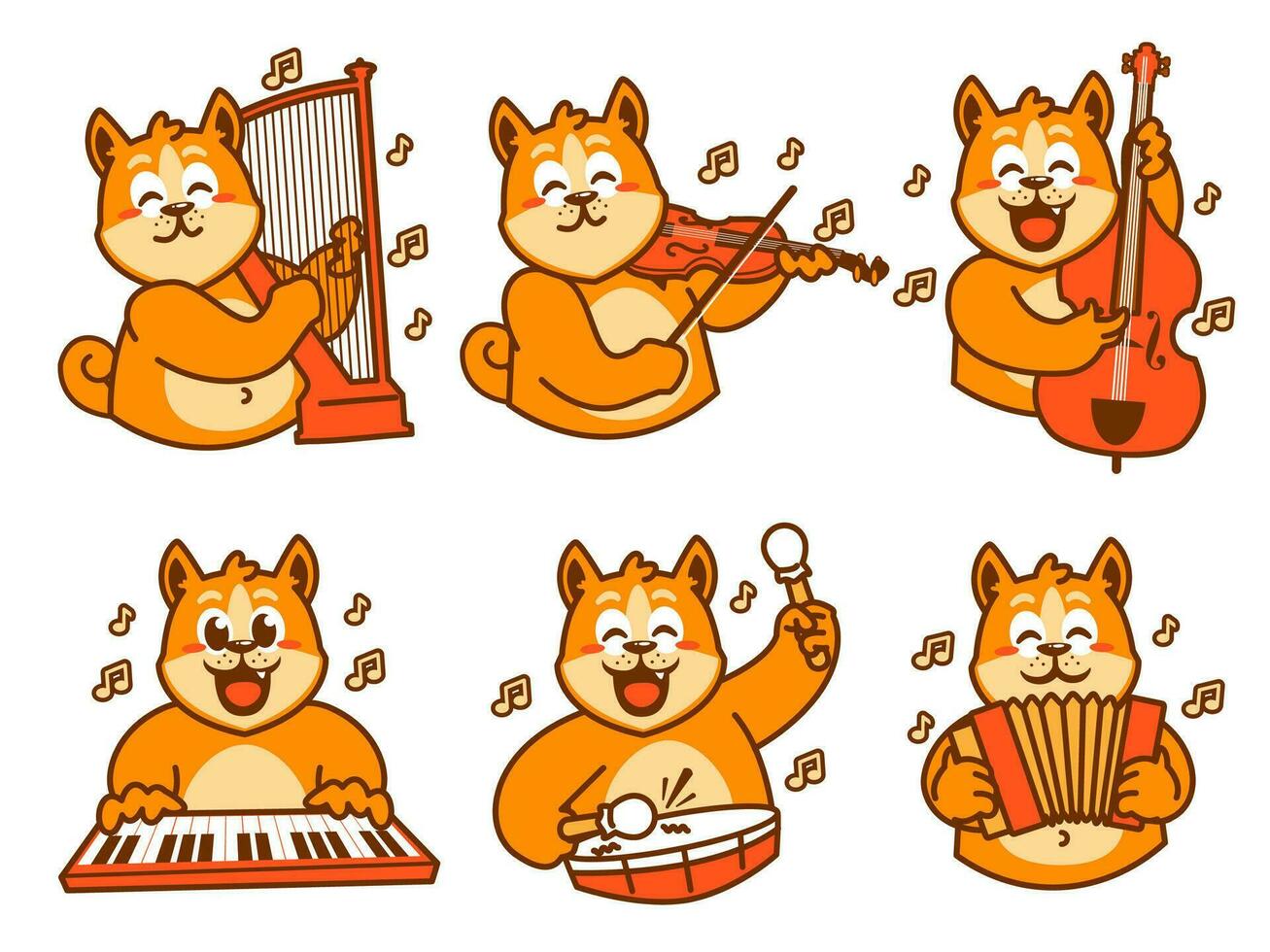 shiba inu perro dibujos animados pegatina jugando música vector