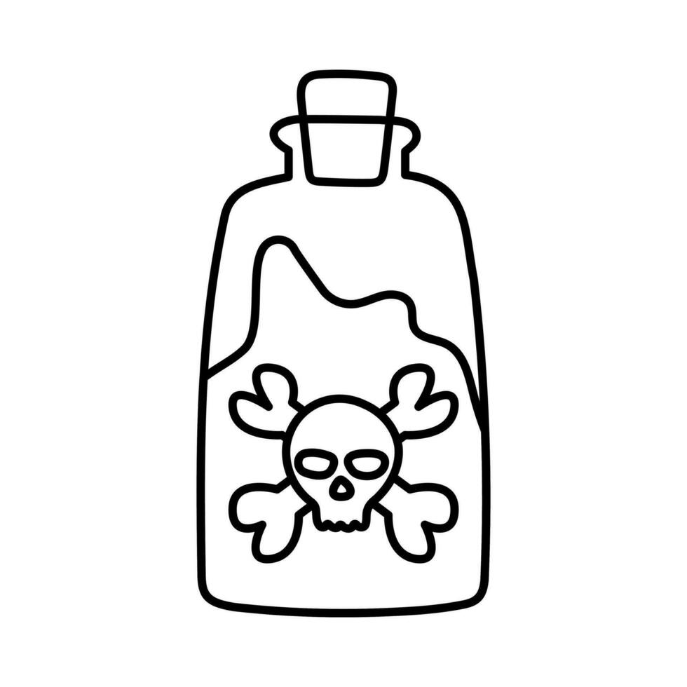 A large jar of potion, and a human skull. Glass bottle with cork. vector