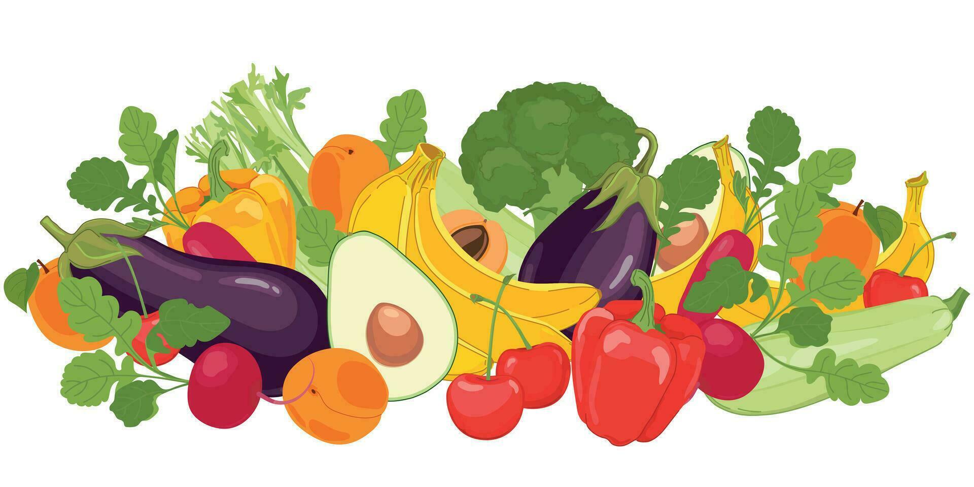 Set of products, healthy food. Fruits and vegetables on a white background. Flat vector illustration of vegetarian food. Harvest in cartoon style.