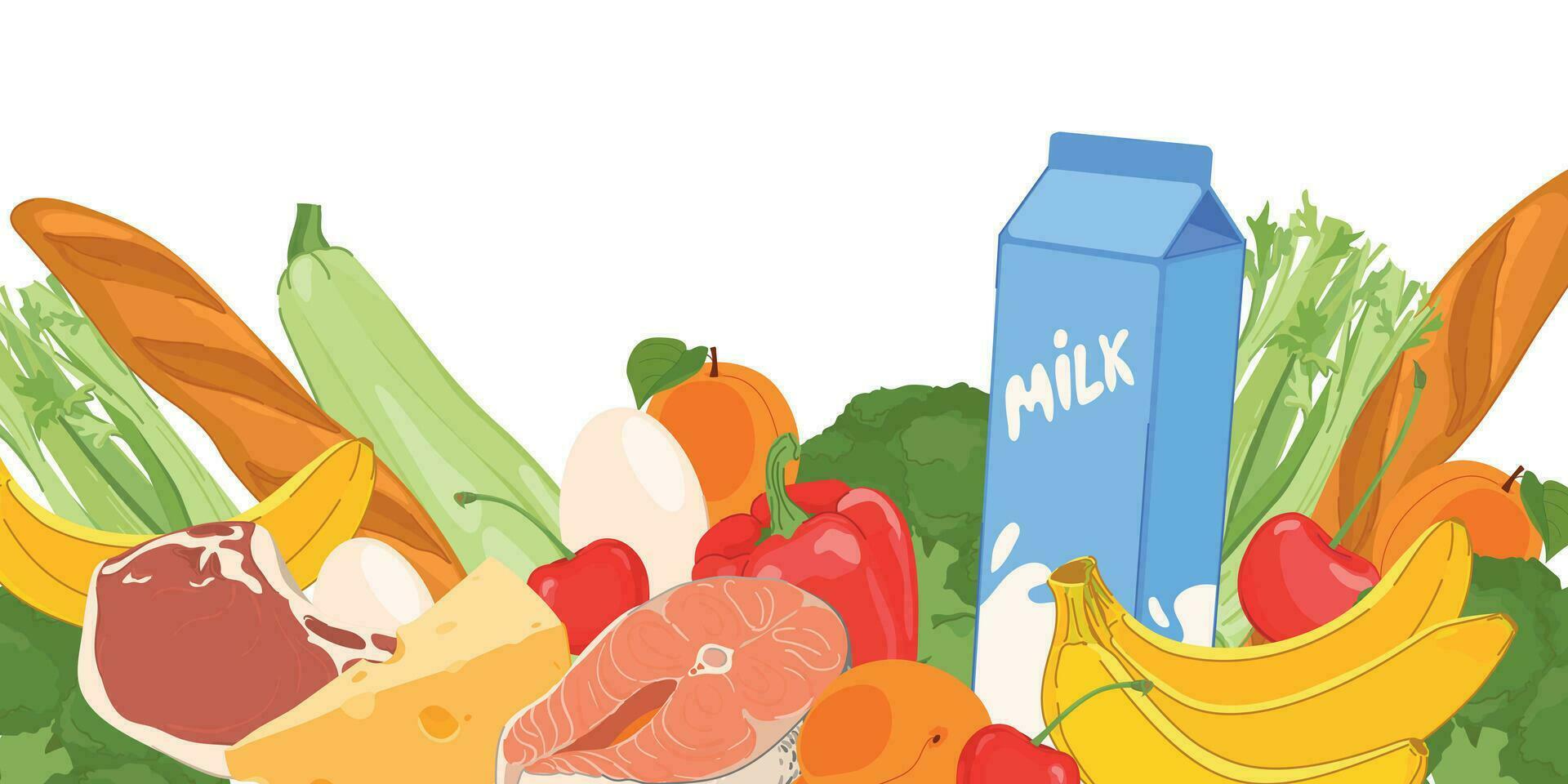 Vector healthy food in flat style. Products from the supermarket - milk, bread, meat, fish, vegetables and fruits. Healthy low-calorie cartoon style diet.