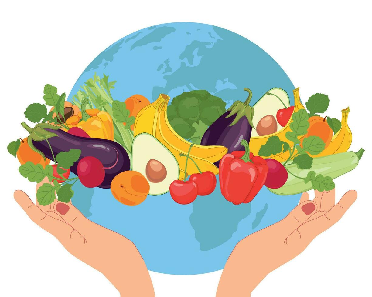 mundo vegetariano día. manos sostener un globo, vegetales y frutas vector ilustración en un plano estilo. el concepto de el importancia de comida la seguridad y el eliminación de comida desperdiciar.