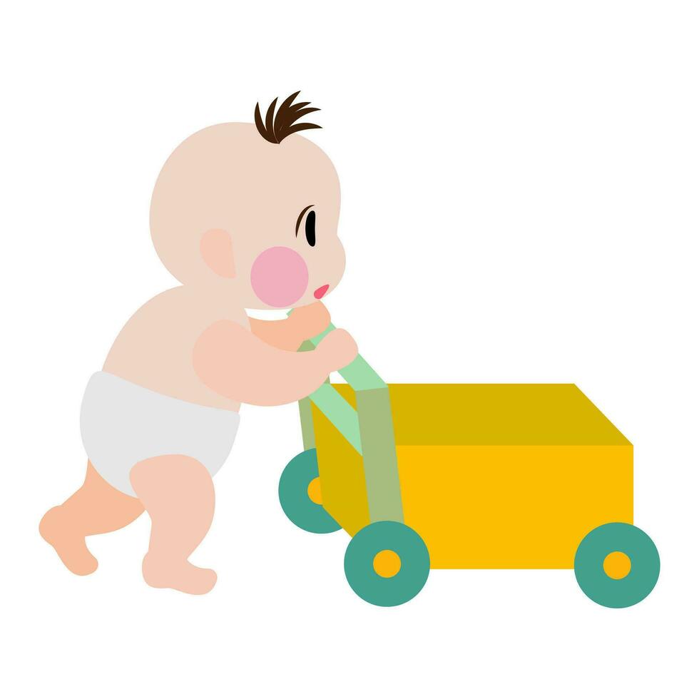 Cartoon baby newborn pushing trolley, cart. Baby learning how to push forward. Infant growth stages. Cute baby learning from newborn to toddler. Newborn learning phrase. Vector, illustration, EPS10 vector