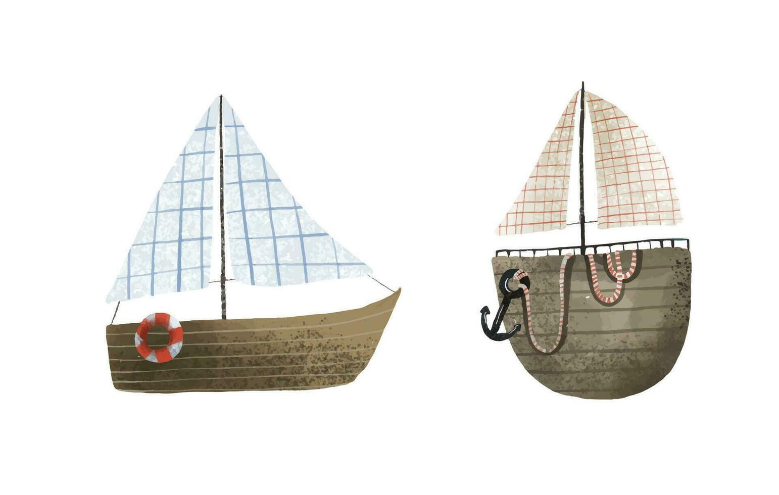 acortar Arte con infantil mano pintado barcos, buques, agua transporte. linda ilustración en blanco fondo, niños Arte. Oceano de viaje vector