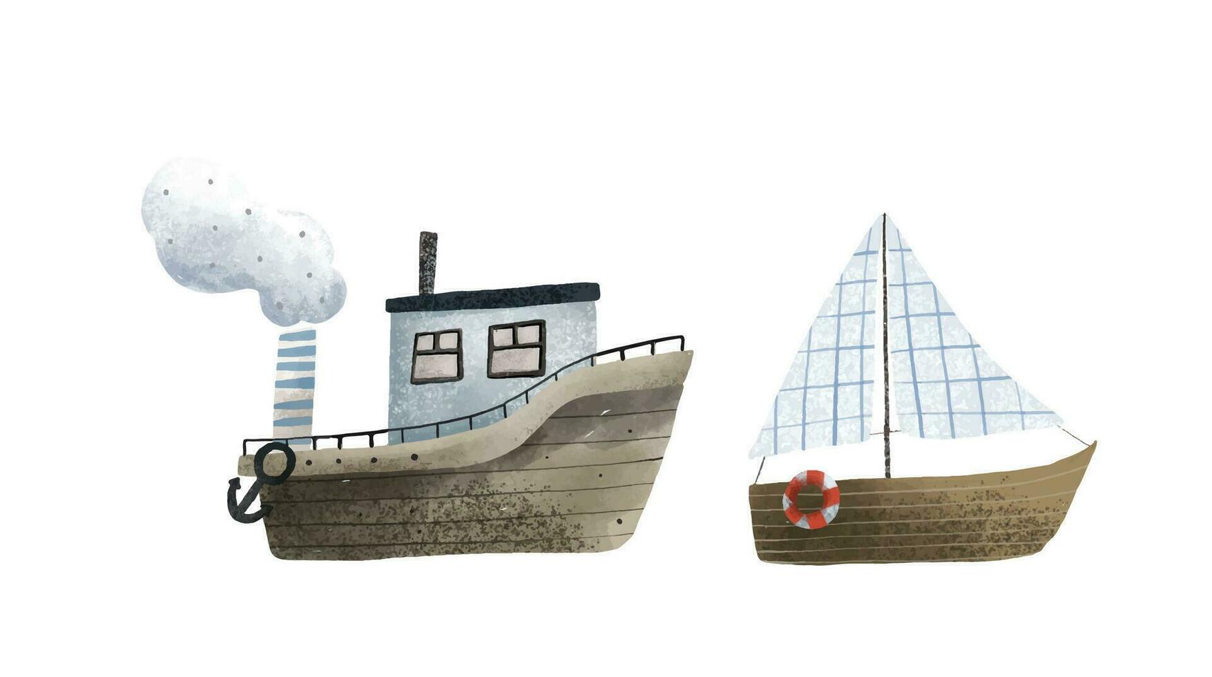 acortar Arte con infantil mano pintado barcos, buques, agua transporte. linda ilustración en blanco fondo, niños Arte. Oceano de viaje vector