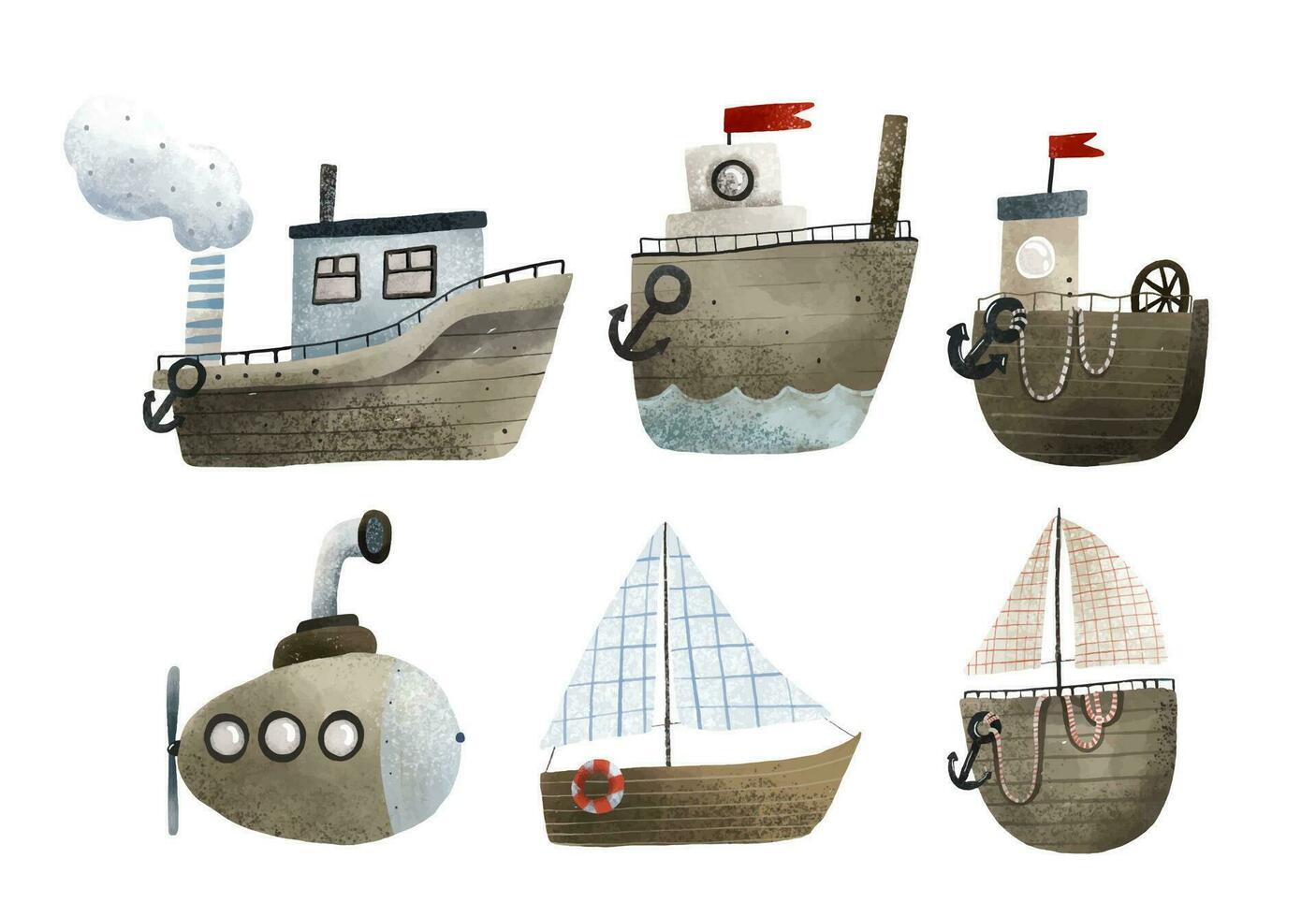 clip art with childish hand painted boats, ships, water transport. Cute illustration on white background, kids art. Ocean travelling vector
