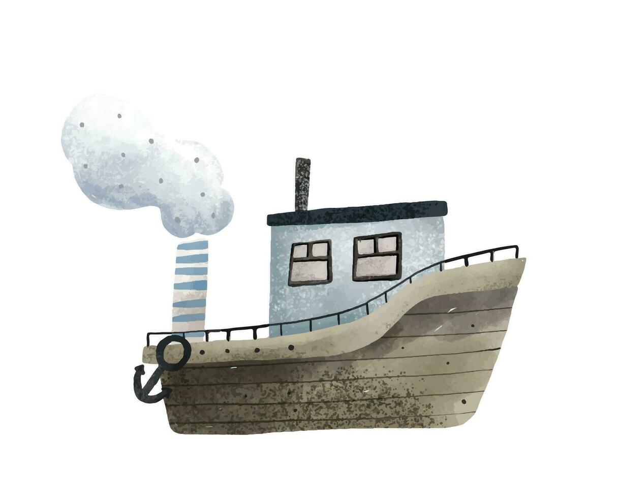 acortar Arte con infantil mano pintado barcos, buques, agua transporte. linda ilustración en blanco fondo, niños Arte. Oceano de viaje vector