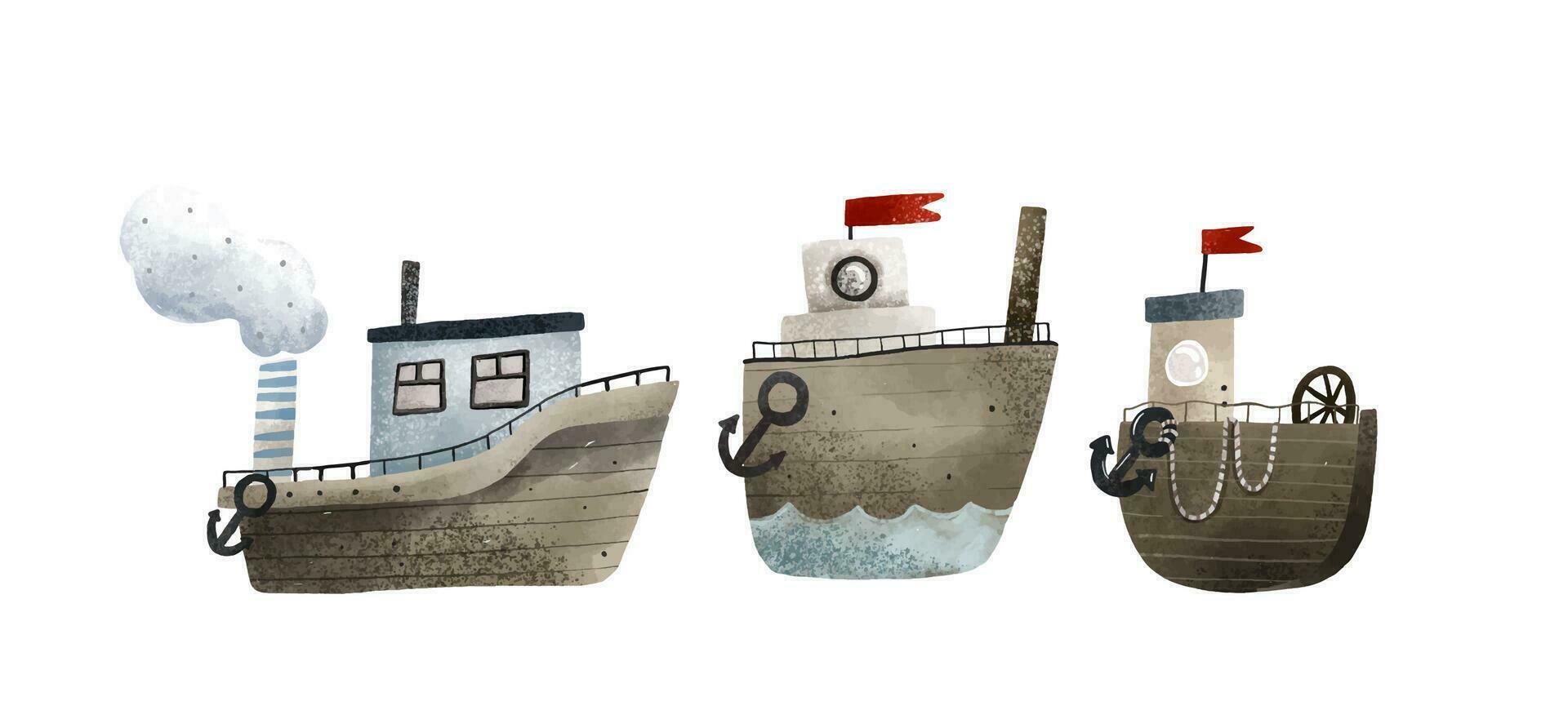 acortar Arte con infantil mano pintado barcos, buques, agua transporte. linda ilustración en blanco fondo, niños Arte. Oceano de viaje vector