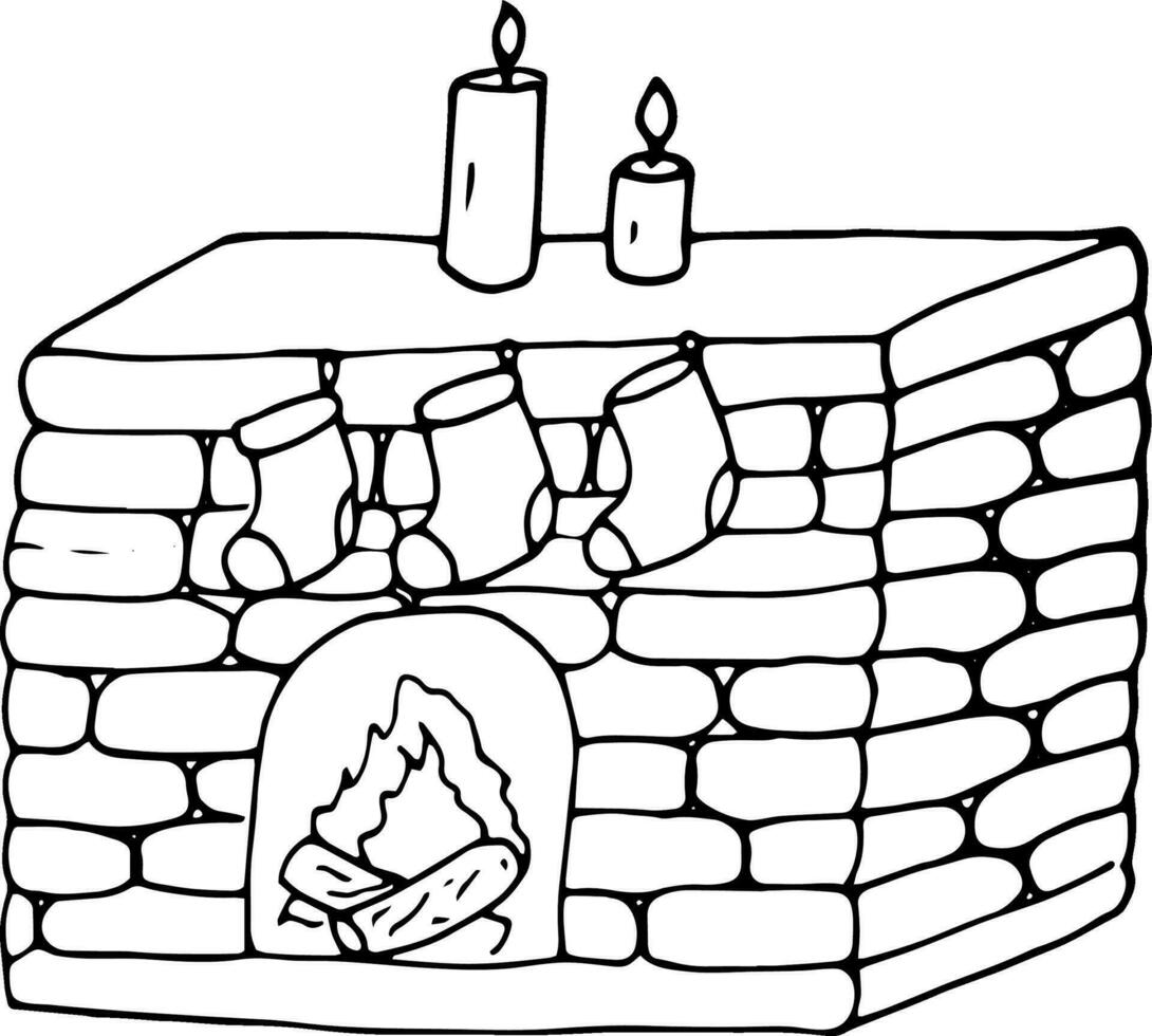 Hand-drawn home fireplace decorated for Christmas. Fireplace decorated with candles and socks, isolated vector illustration on white