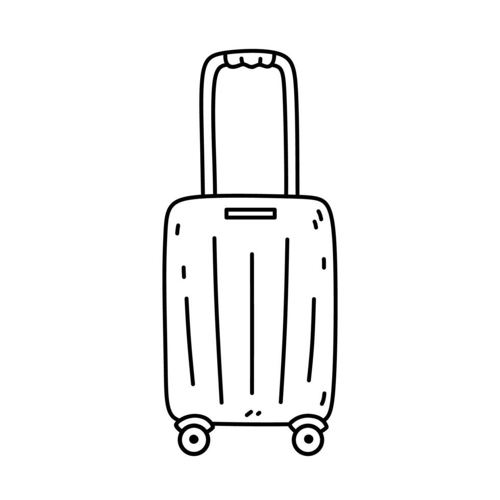 Suitcase on wheels with a handle isolated on white background. Vector hand-drawn illustration in doodle style. Perfect for cards, decorations, logo, various designs.