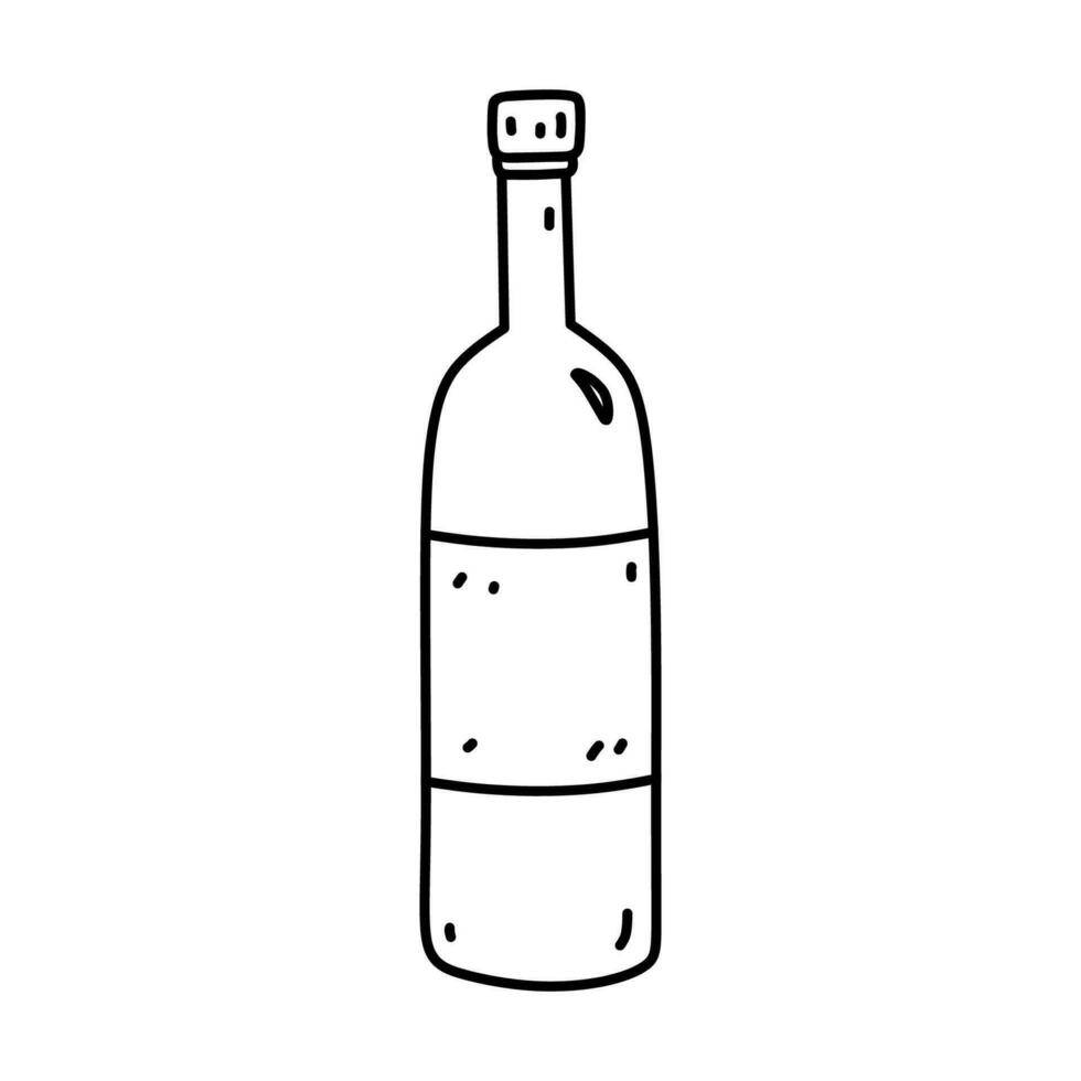 Wine bottle isolated on white background. Alcoholic beverage. Vector hand-drawn illustration in doodle style. Perfect for cards, menu, decorations, logo, various designs.