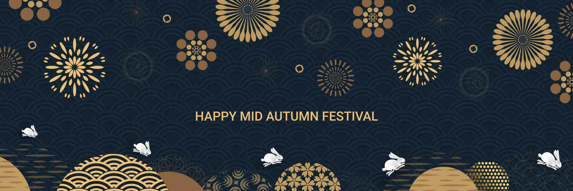 Banner design with traditional chinese full moon circles, jumping hares under the moon. Gold on a dark background. Translation from Chinese - Mid-Autumn Festival. Vector