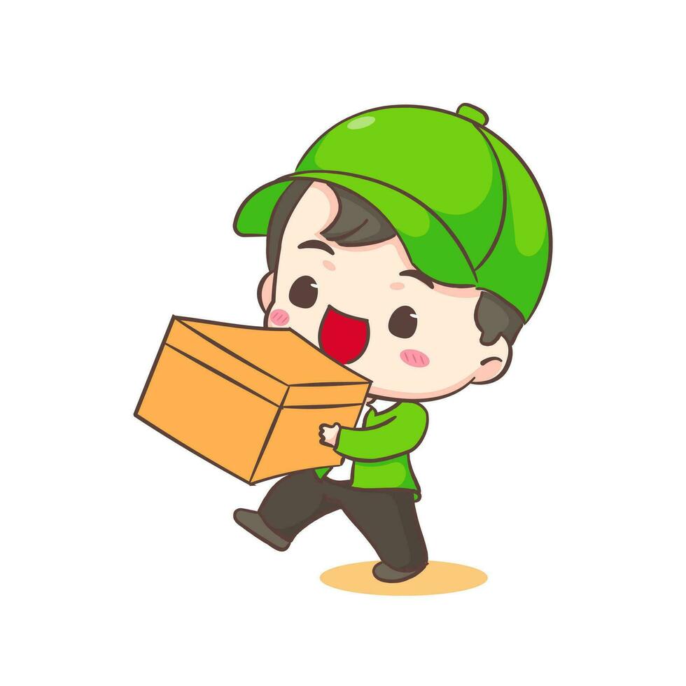 Cute Delivery Man adorable cartoon character. Courier wearing uniform and hat delivery package. People Profession concept design. Isolated white background. Vector illustration