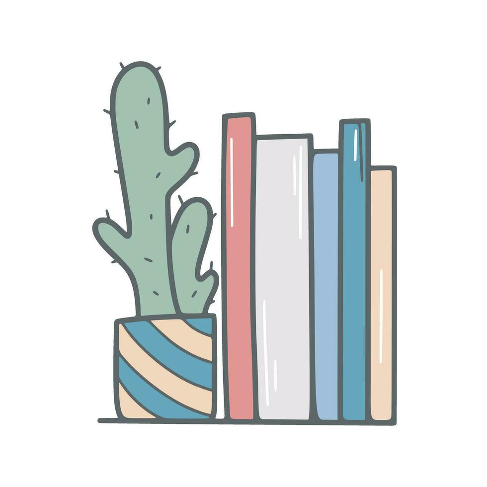 estante para libros y cactus mano dibujado vector ilustración