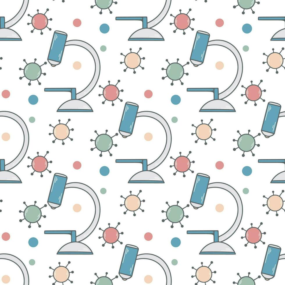 Hand drawn microscope and viruses seamless pattern vector