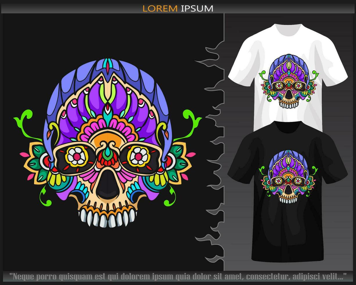Colorful skull head mandala arts isolated on black and white t shirt. vector
