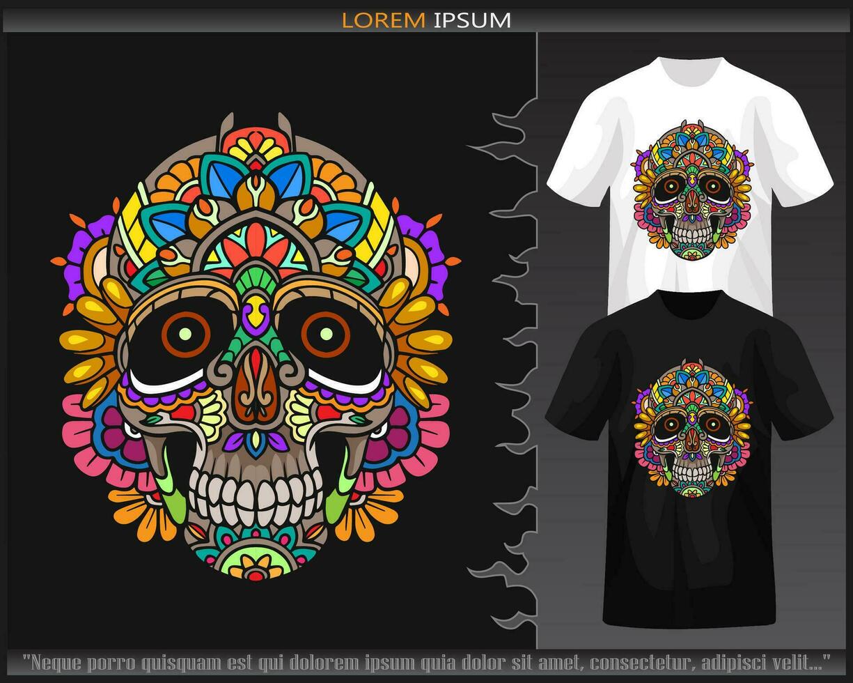 Colorful skull head mandala arts isolated on black and white t shirt. vector