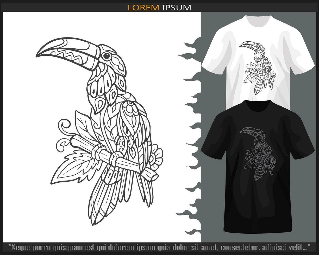 Hornbill bird mandala arts isolated on black and white t shirt. vector