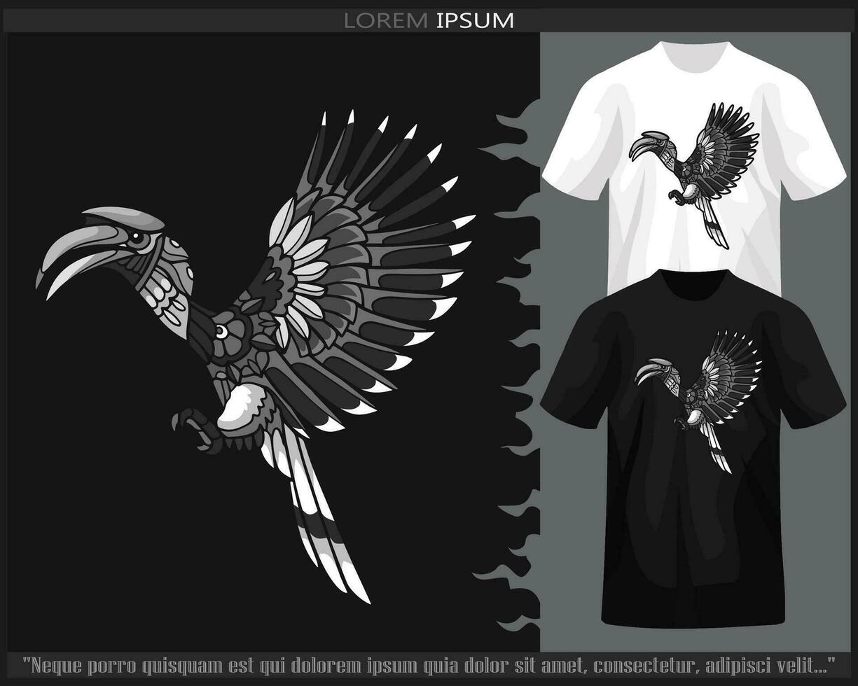 monocromo cálao pájaro mandala letras aislado en negro y blanco t camisa. vector