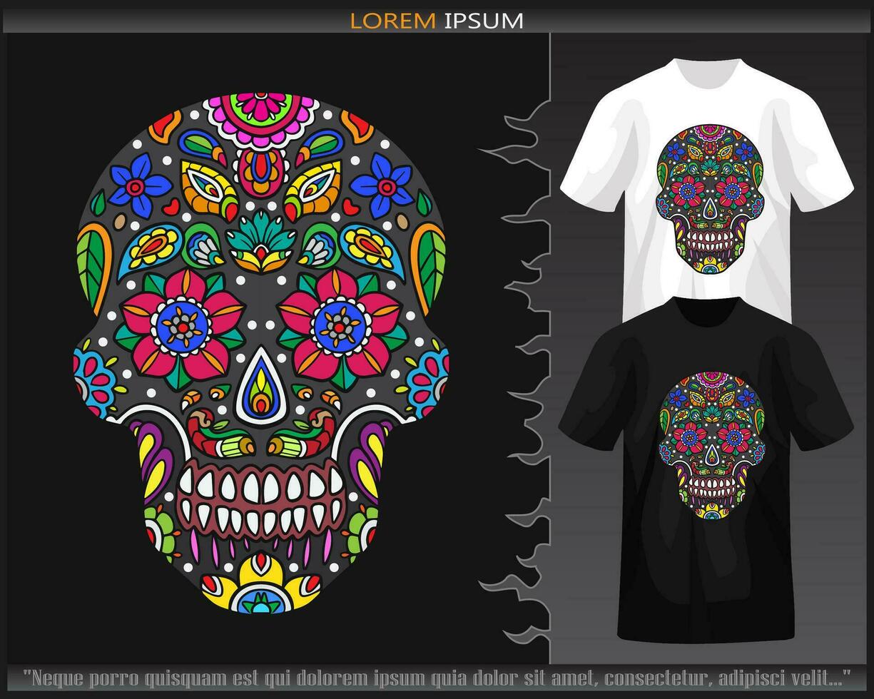 Colorful skull head mandala arts isolated on black and white t shirt. vector