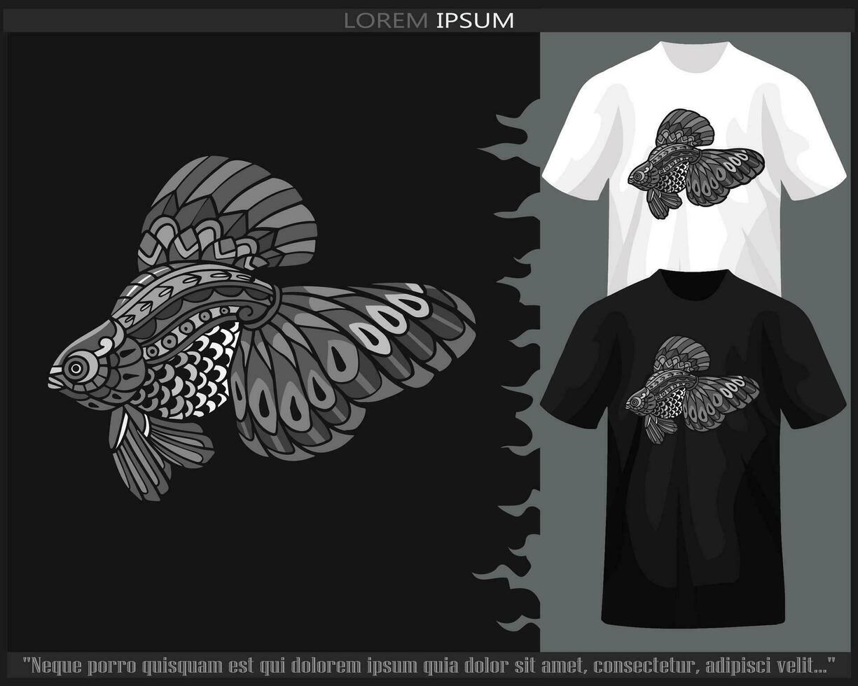 Monochrome Goldfish mandala arts isolated on black and white t shirt. vector