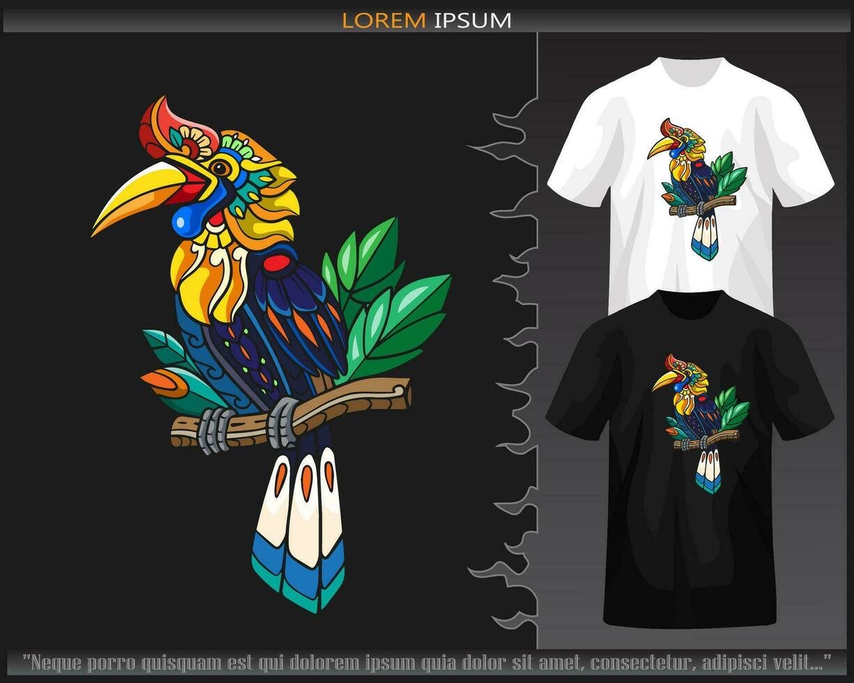 Colorful Hornbil bird mandala arts isolated on black and white t shirt. vector
