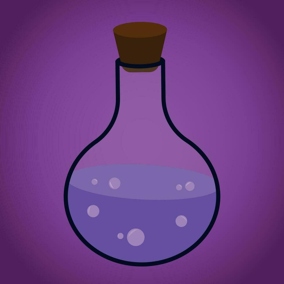 Flask with a potion on dark background, traditional Halloween design element. vector