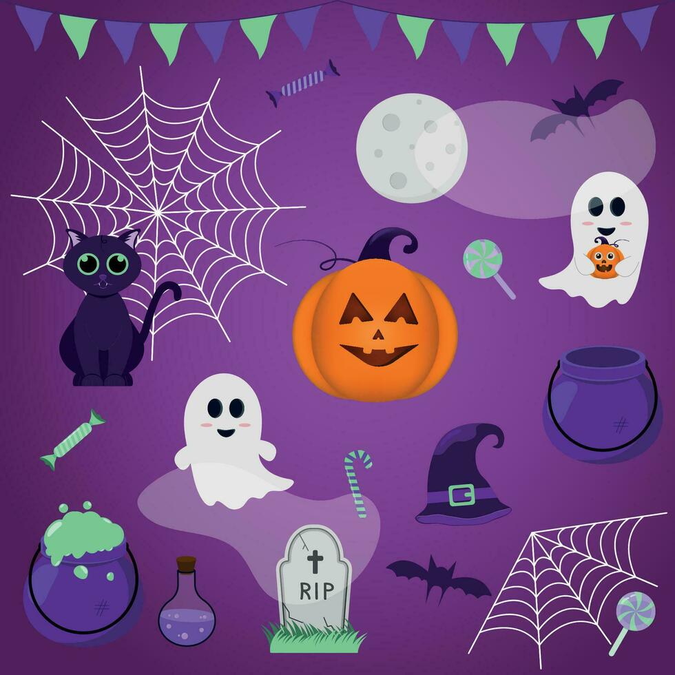 Collection of Halloween elements on a dark background vector