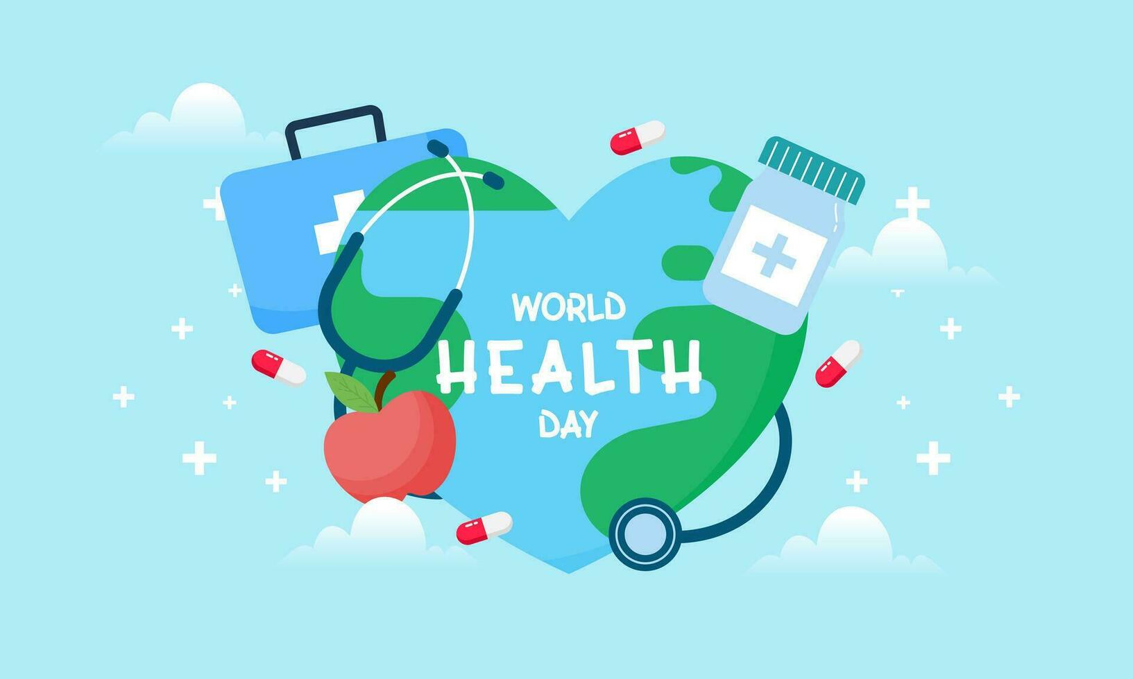 Vector graphic celebrating World Health Day including medical supplies Concept