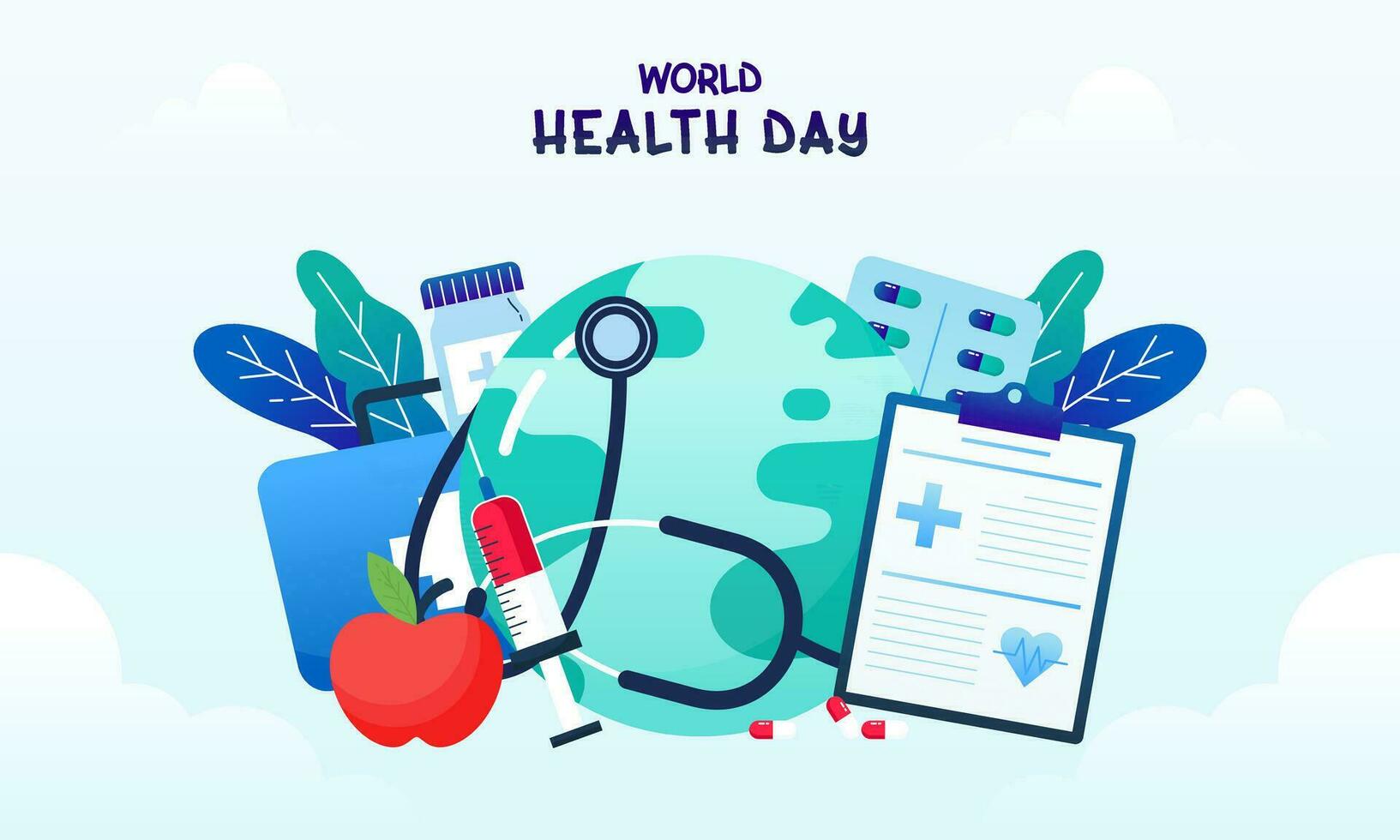 Vector graphic celebrating World Health Day including medical supplies Concept