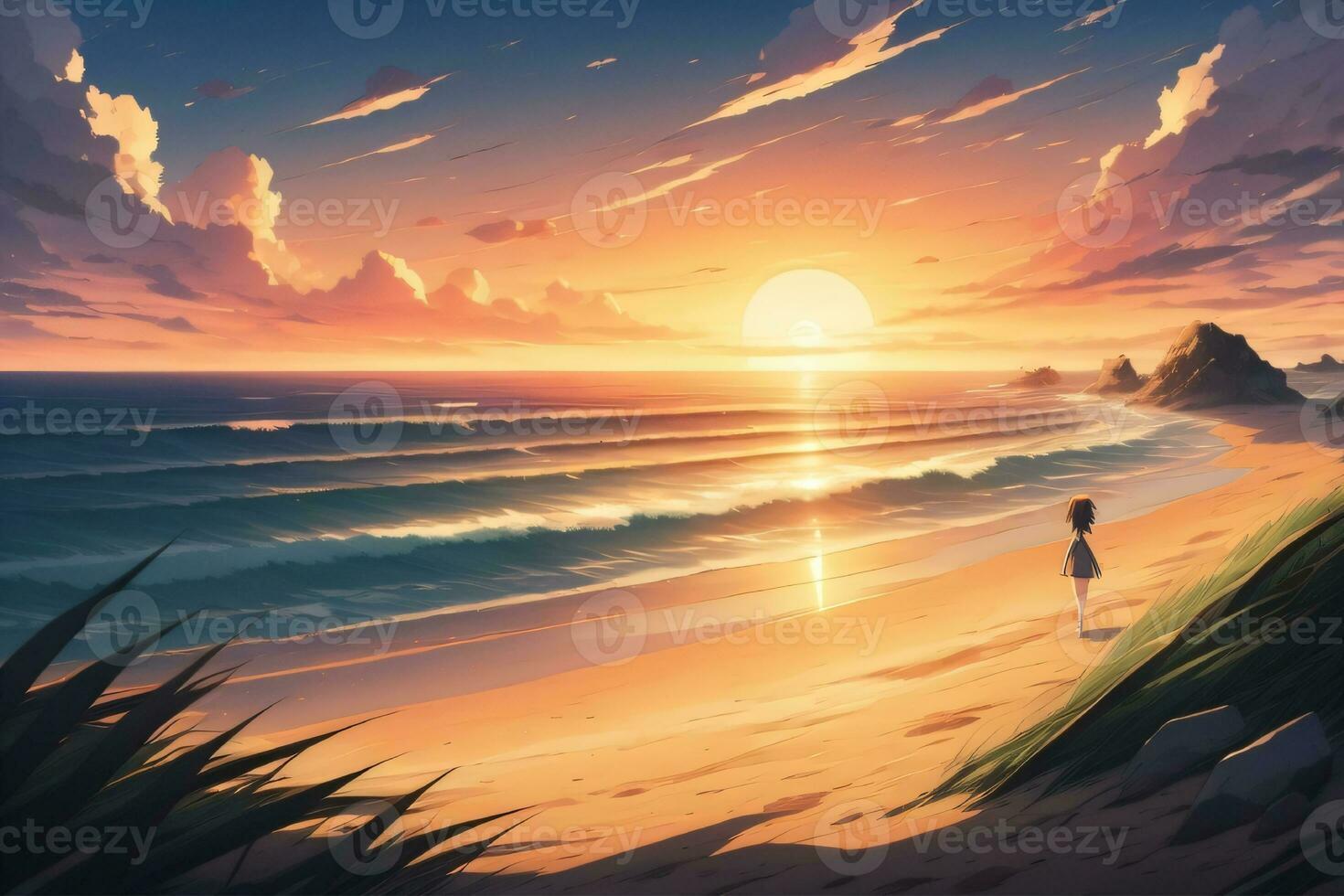 Beach landscape with sunset view, generative AI photo