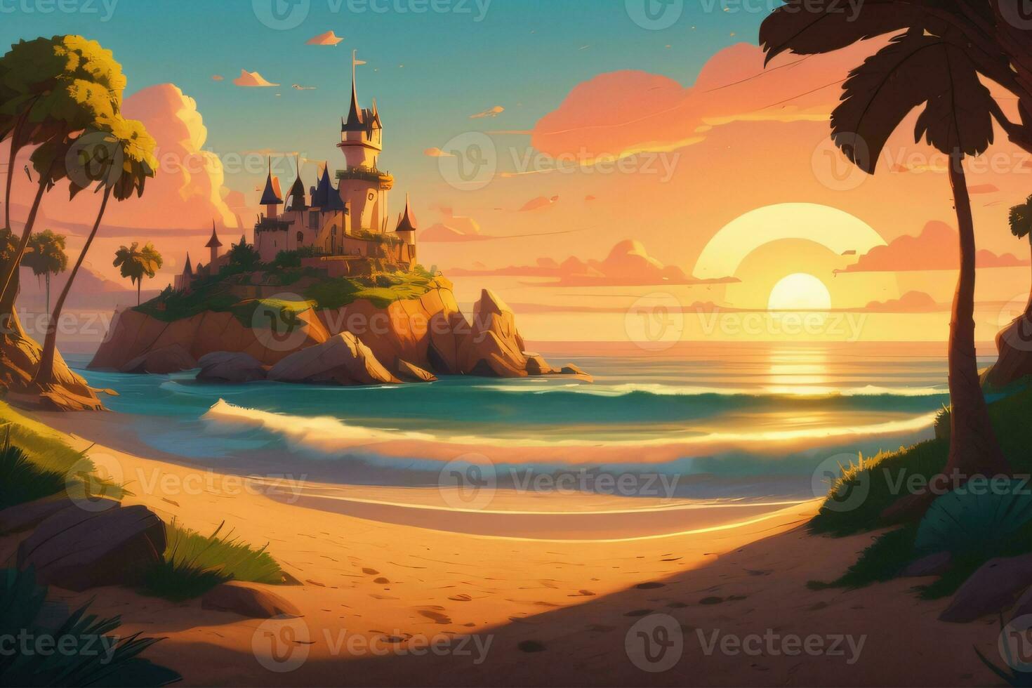 Beach landscape with sunset view, generative AI photo