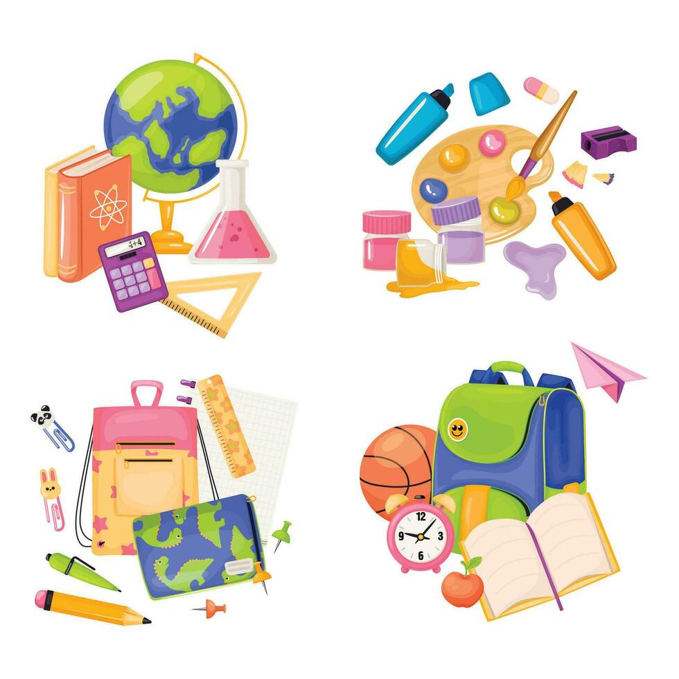 Set of school compositions with supplies. vector