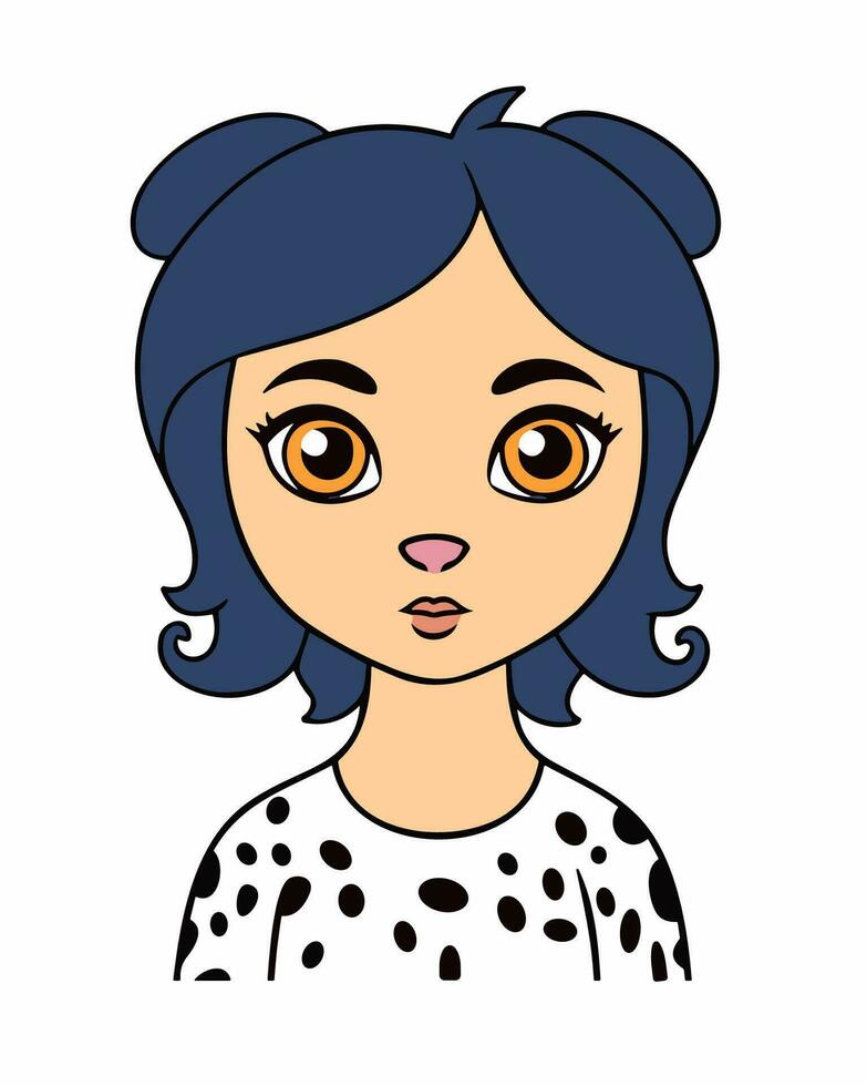 un dibujos animados niña con azul ojos y un polca punto camisa vector